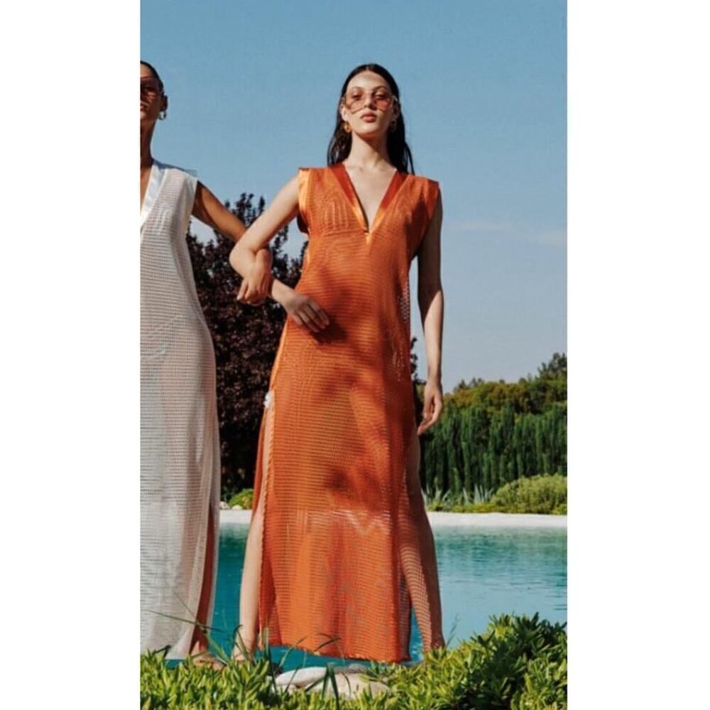 My Beachy Side Camelia Orange Crochet‎ Mesh Maxi Dress Swim Coverup Boho NWT